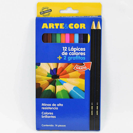 KIT DE 12 LAPICES DE COLORES + 2 LAPICES GRAFITO